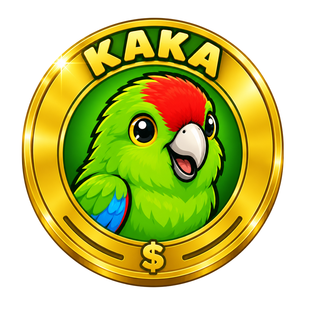 $KAKA meme coin featuring a cartoon kakariki with a red crown